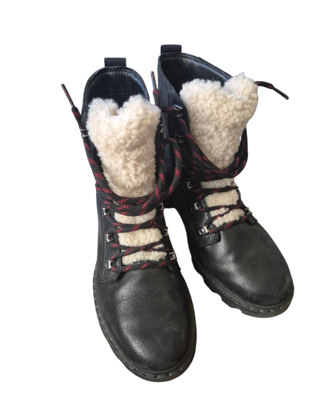 Sorel Black Leather Winter Boots with Cream Shearling and Red-Accent Laces